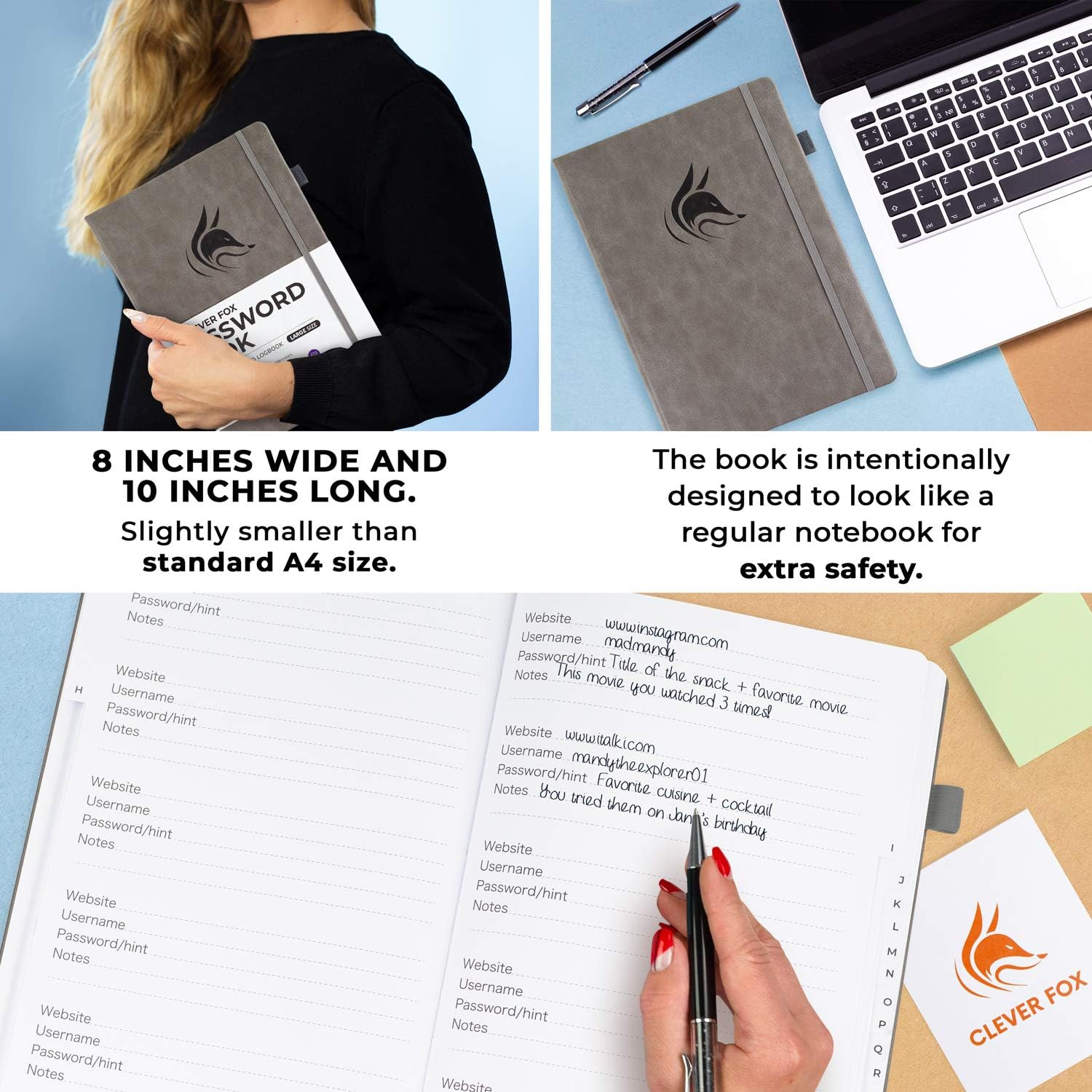 Clever Fox Password Book with tabs. Internet Address and Password Organizer Logbook with Alphabetical tabs. Large Size Password Keeper Journal Notebook for Computer & Website Logins (Grey) : Office Products