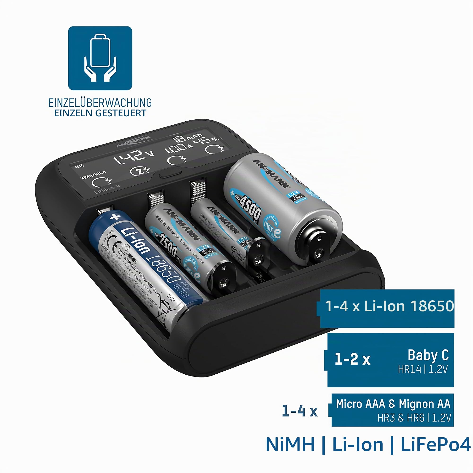 ANSMANN Akku Ladegerät für 1-2 NiMH Akkus AAA AA Baby C oder 4 Li-Ion 3,6V/3,7V / LiFePO4 (3,2V) 26650, 22650, 18650, 18500, 17670, 16340, 14500