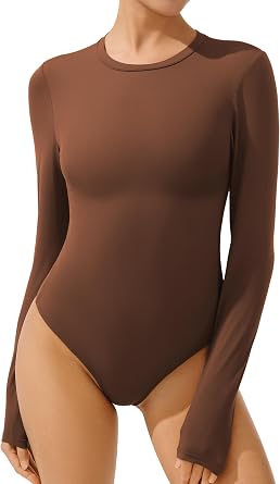 AFITNE Womens Crew Neck Long Sleeve Bodysuit Basic Sexy Trendy Tummy Control Body Suit Tops Shirts