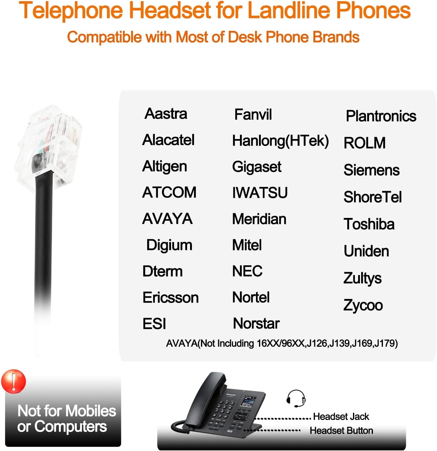 Wired Telephone Headset with Noise Cancelling Mic, Call Center Office Headset with U10P QD Cable RJ9 for Telework Work for Polycom Panasonic Siemens VVX Htek Avaya Nortel Mitel IP Phone etc.