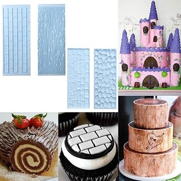 10 Set Fondant Impression Mat Mold Lace Embossing Mat Tree Bark/Brick Wall/Flower/Stone Wall Fondant Impression Mats Texture Design for Cupcake Border Decoration