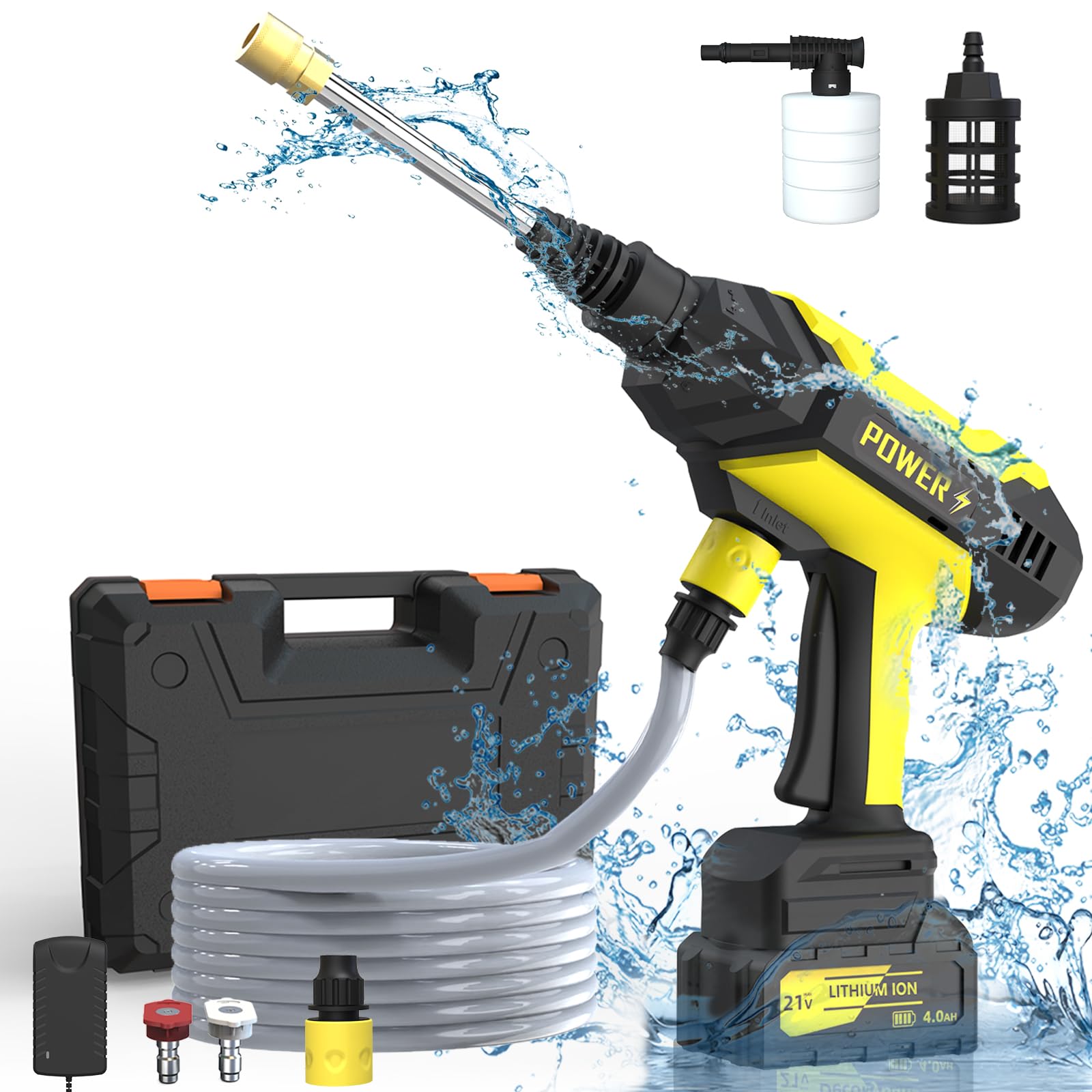 Cordless Pressure Washer, Portable Pressure Washer Battery Powered Max 950PSI, 1.2GPM with 1 * 21V 4.0Ah Rechargeable Battery, 20FT Drain Hose, Electric Power Washer for Car, Floor, Window