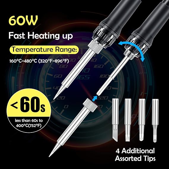 Soldering Iron Station with Fume Extractor, 80W Soldering Station, 60W Soldering Iron, Smoke Absorber, Solder Wire, LED Lighting, Fast Heating, Auto Sleep Soldering Station, LCD Digital Display