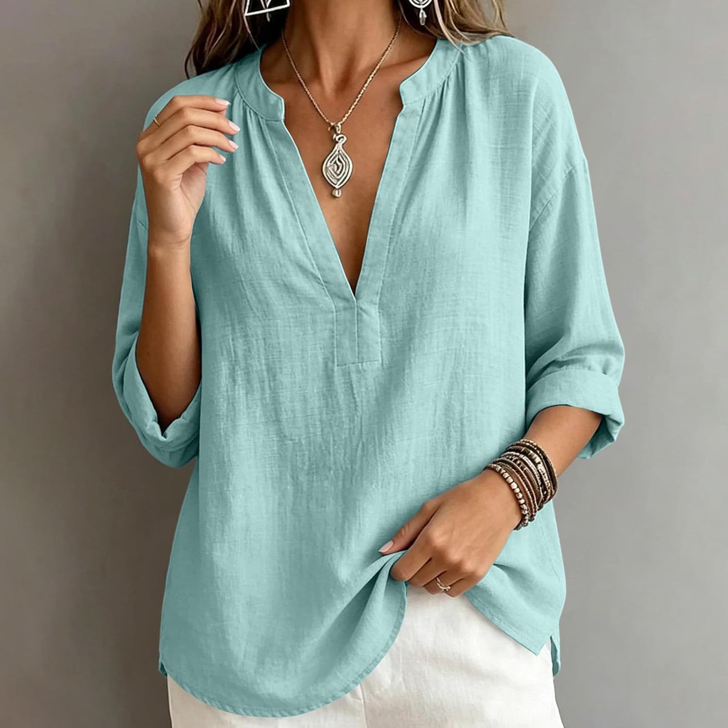 Womens Linen Top Casual Loose Fit Lightweight 3/4 Sleeve T Shirts | Solid Color Plus Size Gauze Blouses Comfy Soft V Neck Breathable Travel Vacation Peasant Clothes