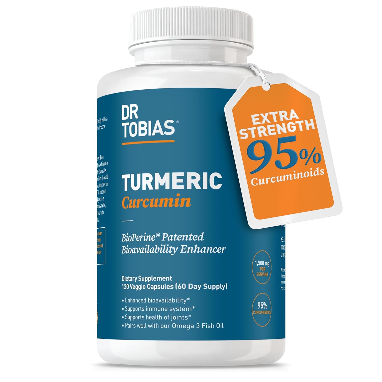 Dr. Tobias Cúrcuma Curcumin 1500mg com BioPerine – Suplemento de Força Extra com 95% de Curcuminoides para Suporte Articular, Vitalidade Geral e Saúde Imune, 120 Cápsulas Veganas