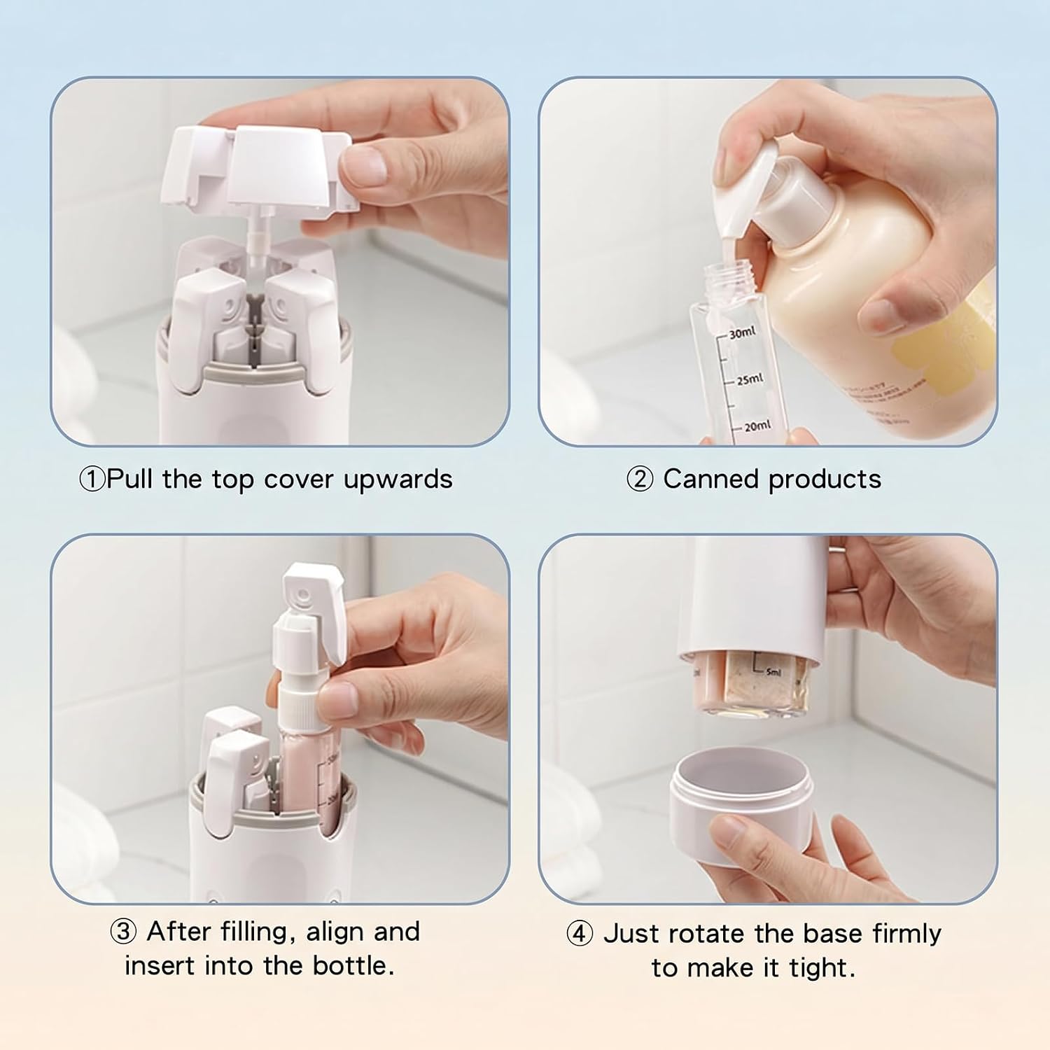 4 in 1 Travel Dispenser Bottle, Portable Leak Proof Travel Containers, Refillable Pump Bottles with Clear Scale & Label for Shampoo Lotion Cream