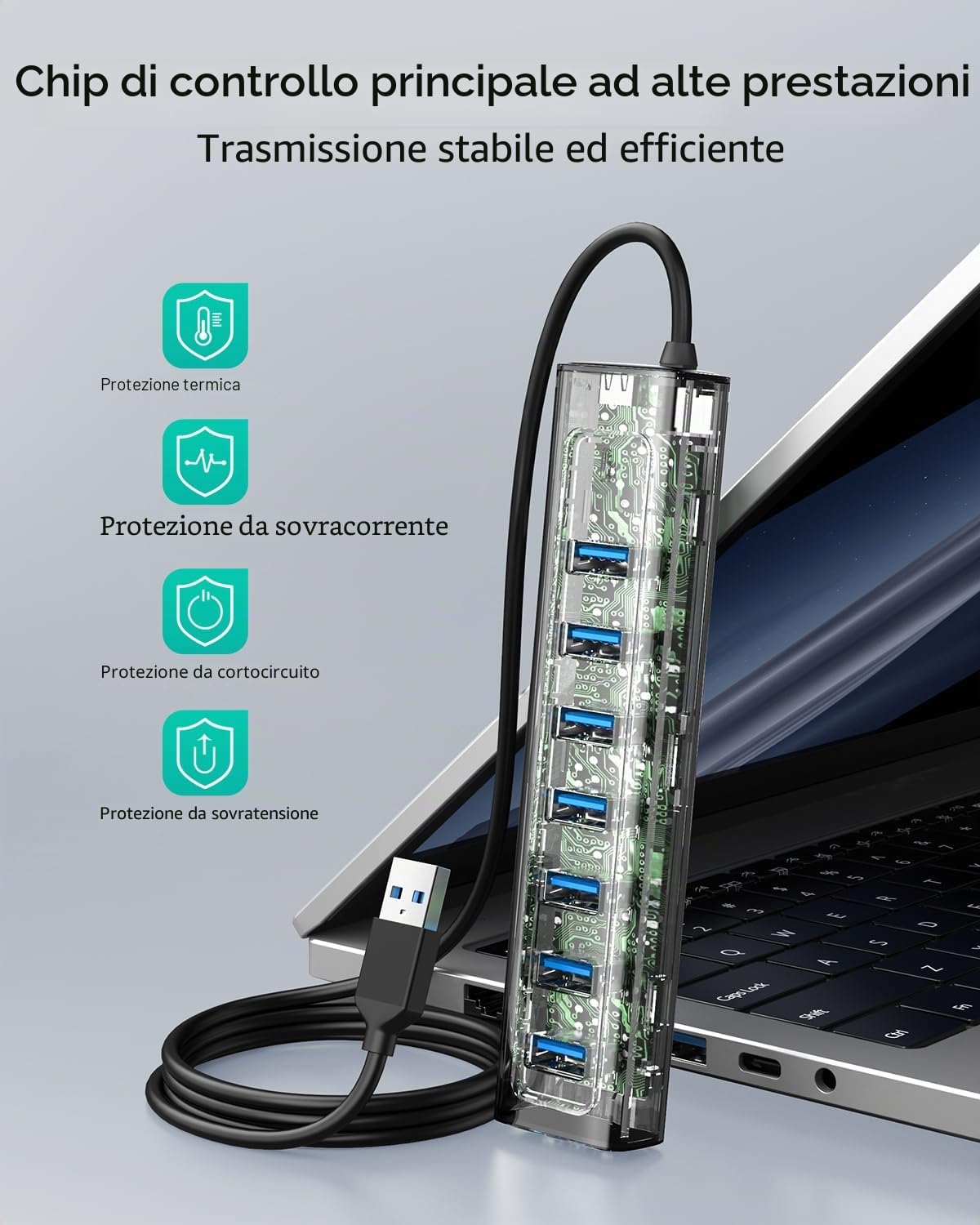 GiGimundo HUB USB 3.0, Hub USB 3.0 in Alluminio a 7 Porte per Laptop, Cavo Lungo 1,8m con Porta di Alimentazione Type-C 5V/3A, Compatibile con MacBook, PS4, Surface Pro, HDD Mobile (1,8m)