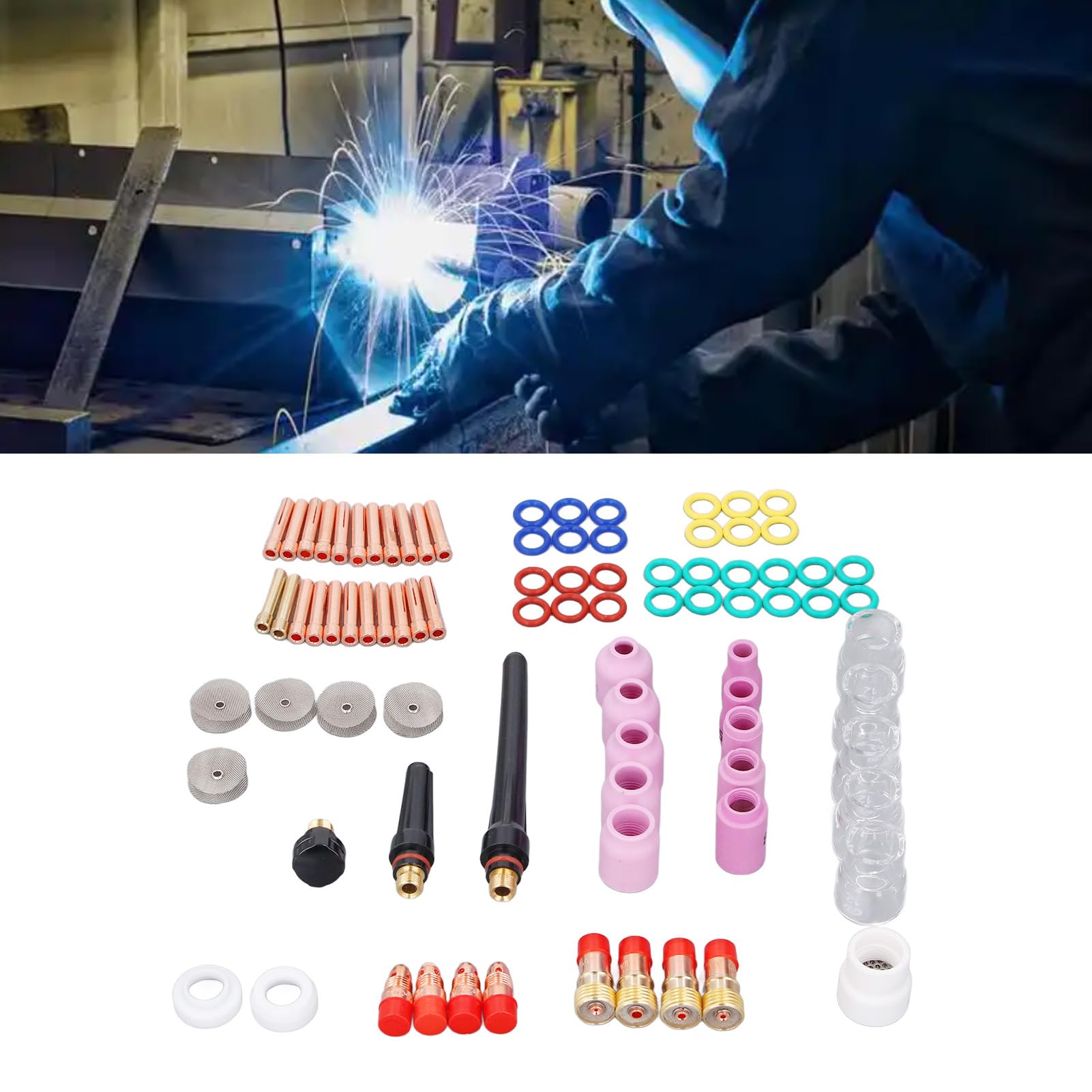 FTVOGUE 87-teiliges Plasmaschneider-Verbrauchsmaterial | Kupfer-Keramik-Düsen, Gaslinsen-Glasbecher-Set, Ersatzteile für WP17 18 26 WIG-Schweißbrenner-Sets