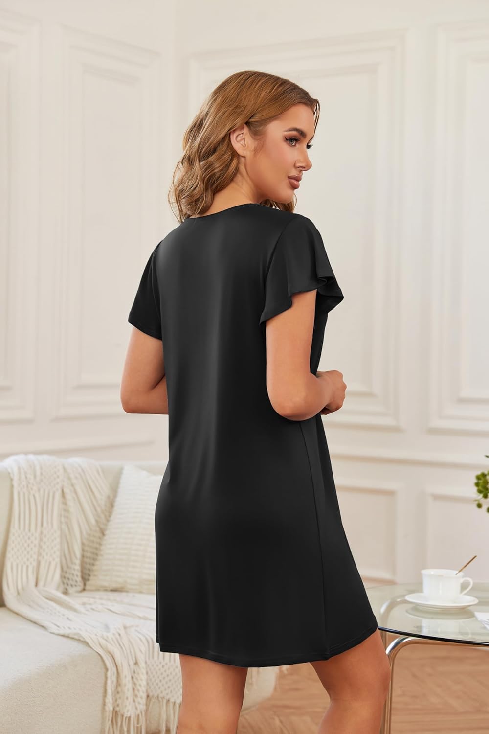 Ekouaer Nightgowns for Women Flare Short Sleeve Sleepshirt Guipure Lace V Neck Sleepwear Soft Pj Dress Night Shirt S-3XL - Image 3