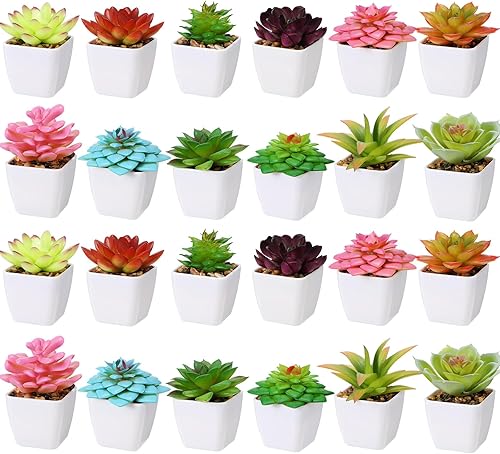 Yunlly Paquete de 24 mini plantas suculentas artificiales en macetas a granel pequeñas en macetas falsas en macetas blancas para interiores, hogar,
