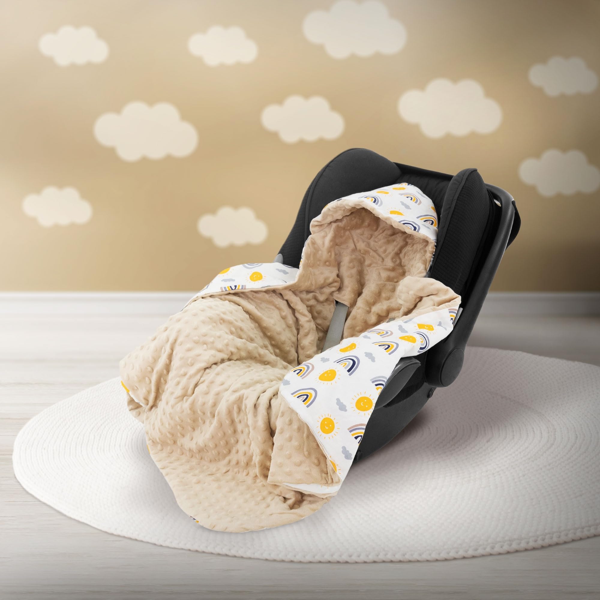 Joyz Manta con Capucha para Bebé 84x84 cm Beige 100% Algodón Arcoiris con Viscosa Saco de Doble Cara para Accurucarse Toda la Temporada Universal Portabebés Ideal para el Cochecito o Silla de Paseo