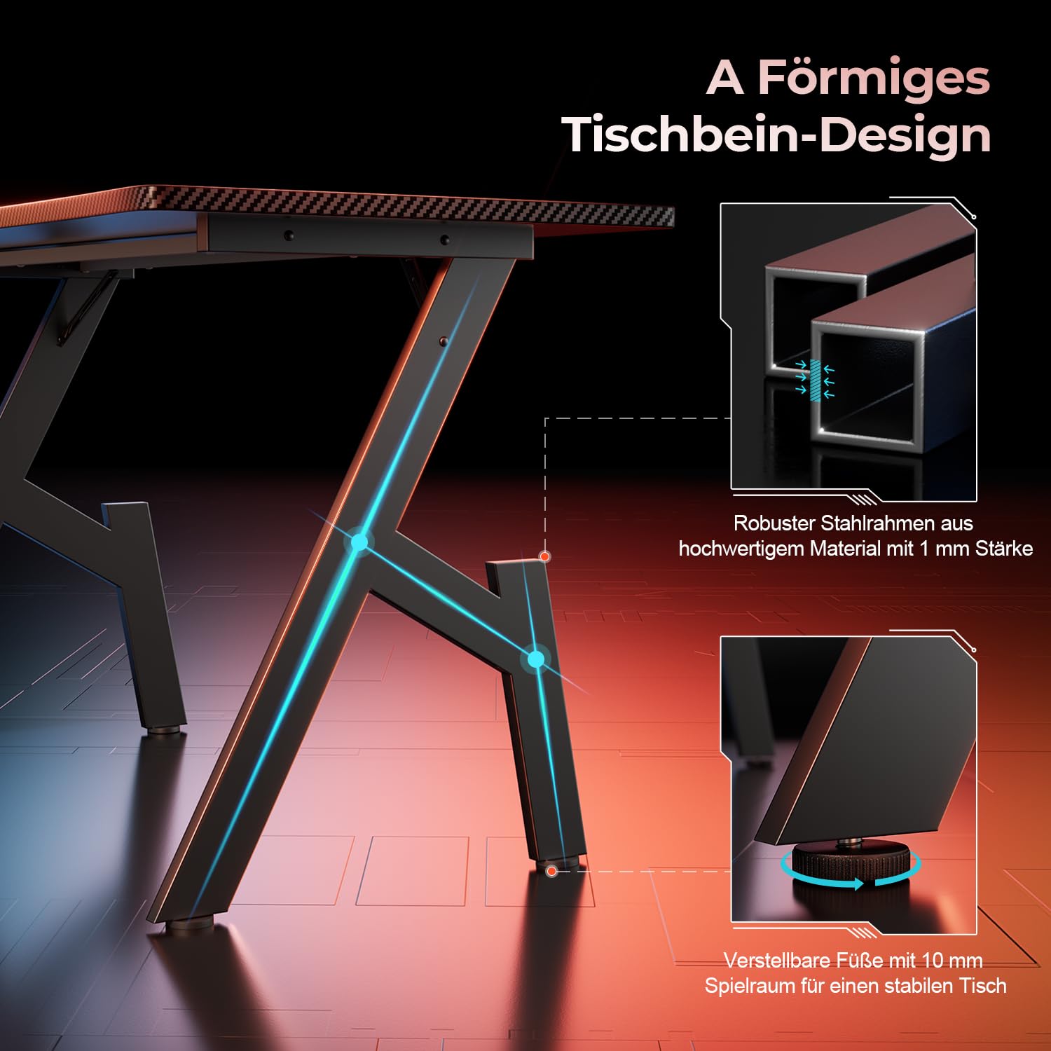 HLONONE Gaming Schreibtisch 140 x 60 cm, Gaming Tisch, Stabiler PC Schreibtisch mit Kohlefaserbeschichtung, Ergonomischer Computertisch mit Kopfhörerhaken und Getränkehalter, Schwarz