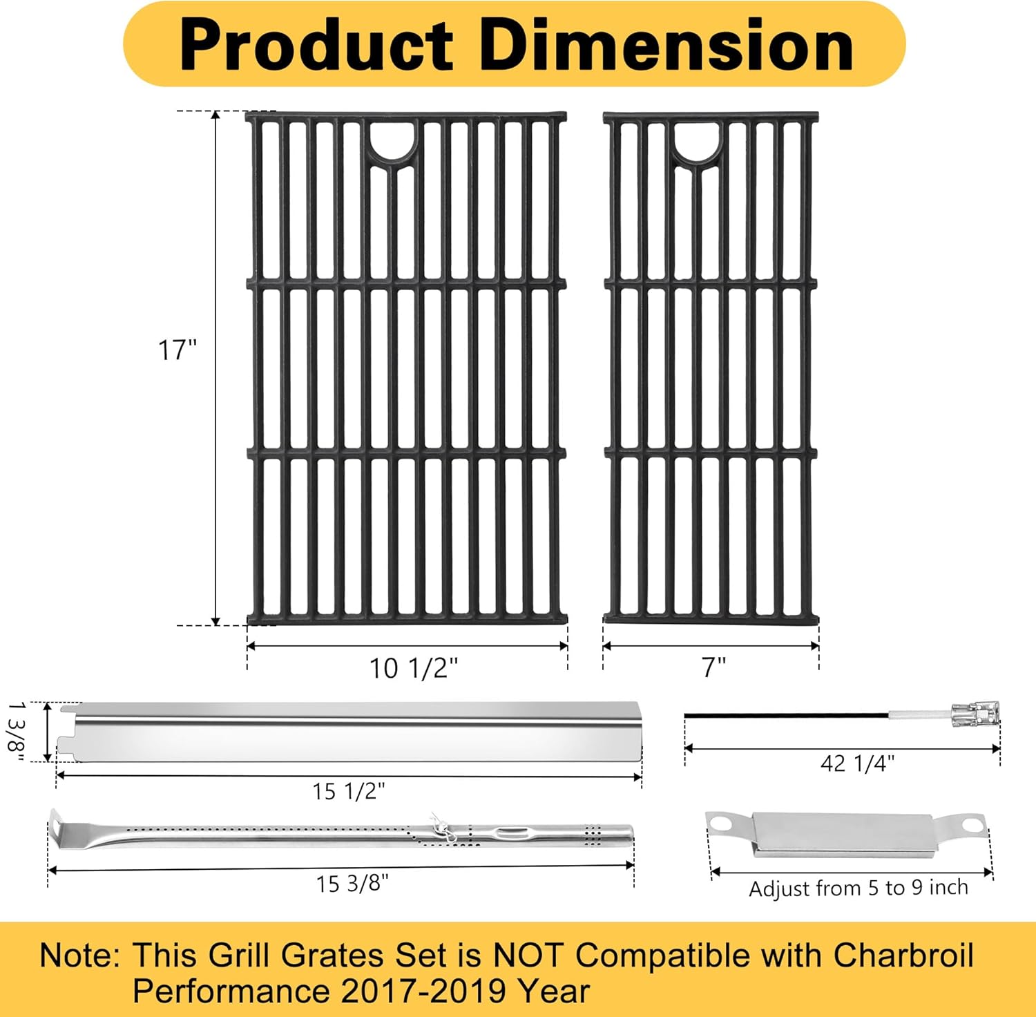 Grill Replacement Parts for Charbroil Performance 2 Burner 463630021 463655421 463655021, Cast Iron Grill Grates, G325-0002-W1 Heat Plates, G327-2100-W1 Burners, Igniters, Crossover Tube