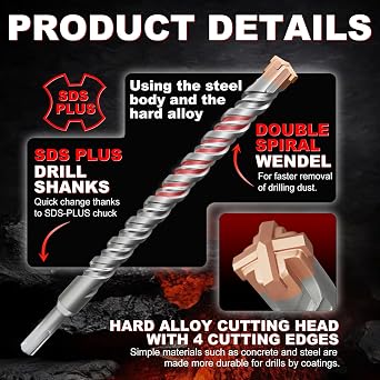 SDS Plus Hammer Drill Bit 4PC 4mm×110mm, with 4 Carbide Cutting Edges, Head with Coating, Masonry Drill, Hammer Drill, Concrete Drill, for Stone, Concrete, Natural Stone, Brick Wall