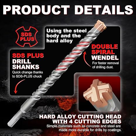 SDS Plus Hammer Drill Bit 4PC 4mm×110mm, with 4 Carbide Cutting Edges, Head with Coating, Masonry Drill, Hammer Drill, Concrete Drill, for Stone, Concrete, Natural Stone, Brick Wall