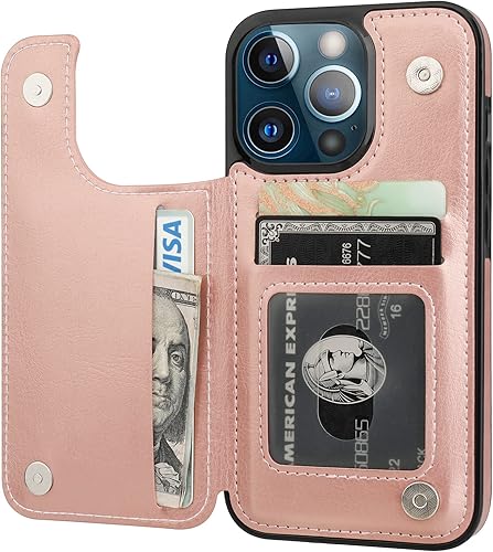 ONETOP Funda tipo cartera compatible con iPhone 13 Pro con soporte para tarjetas, funda de piel sintética con ranuras para tarjetas, doble cierre