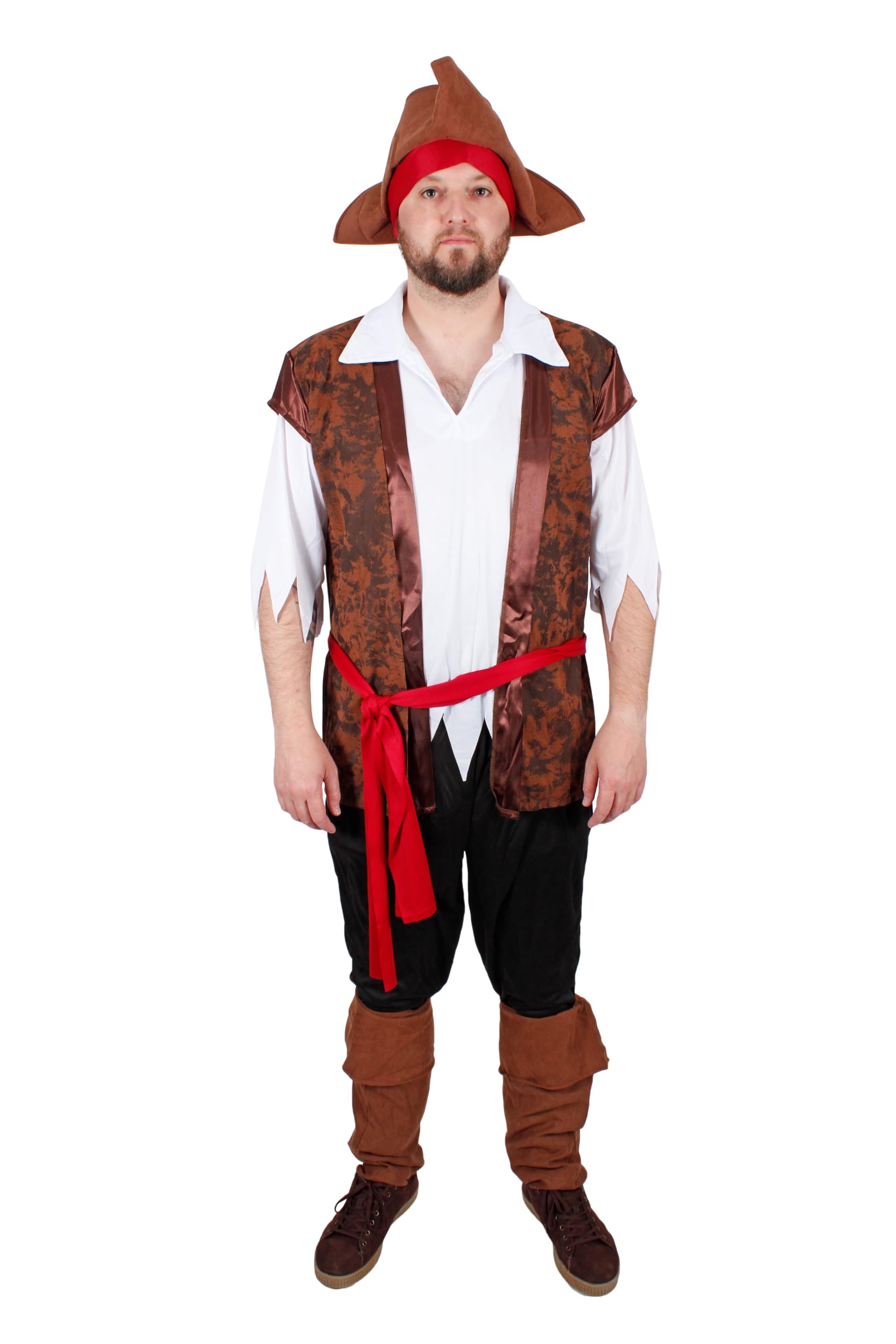 AR BRAND EST. 2021 Adult Caribbean Pirate Costume, Brown and Red Fancy Dress with Hat, White Shirt, Black Trousers, Boot Covers, Halloween Costume (M/L)