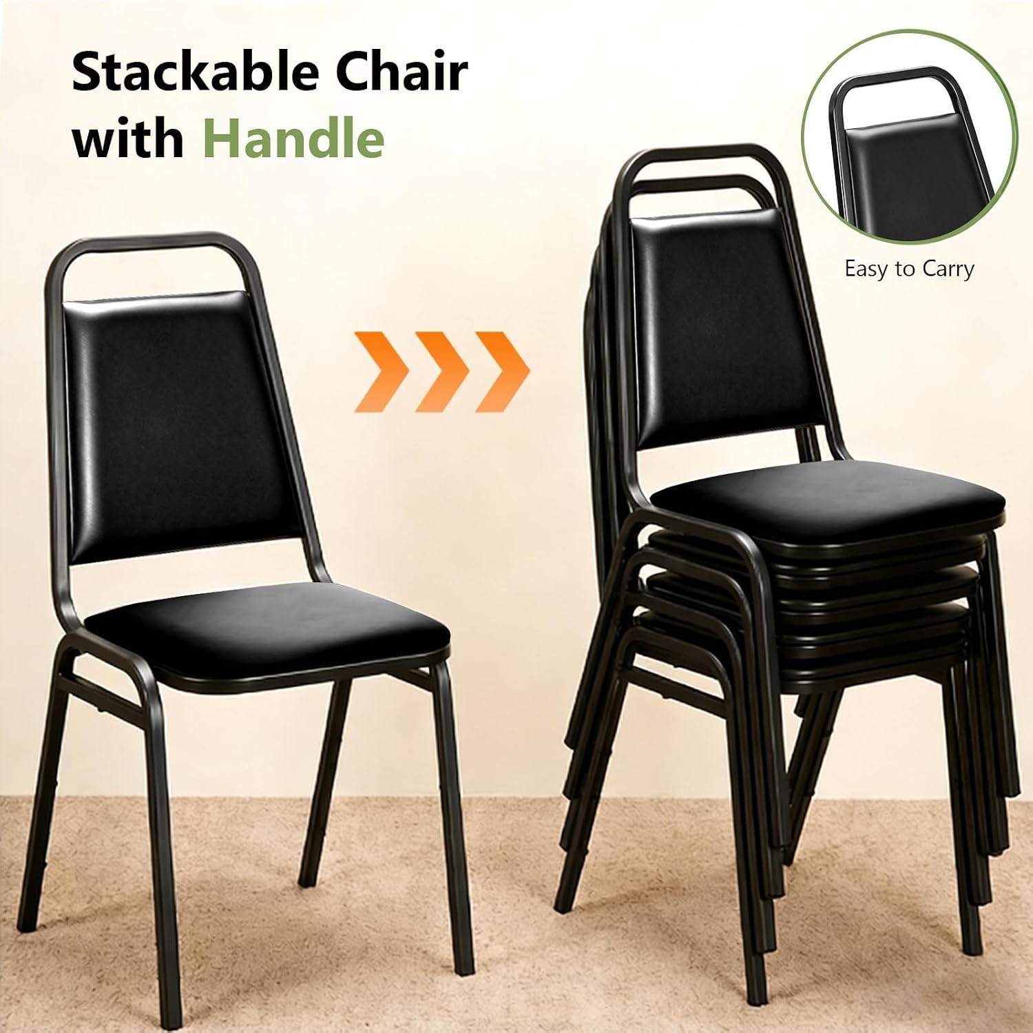 4 Pack Stacking Chairs No Assembly, Black Padded Reception Chairs with Built-in Handle, 300lbs Capacity Waiting Room Conference Office Guest Chairs Set of 4 for Home Restaurant