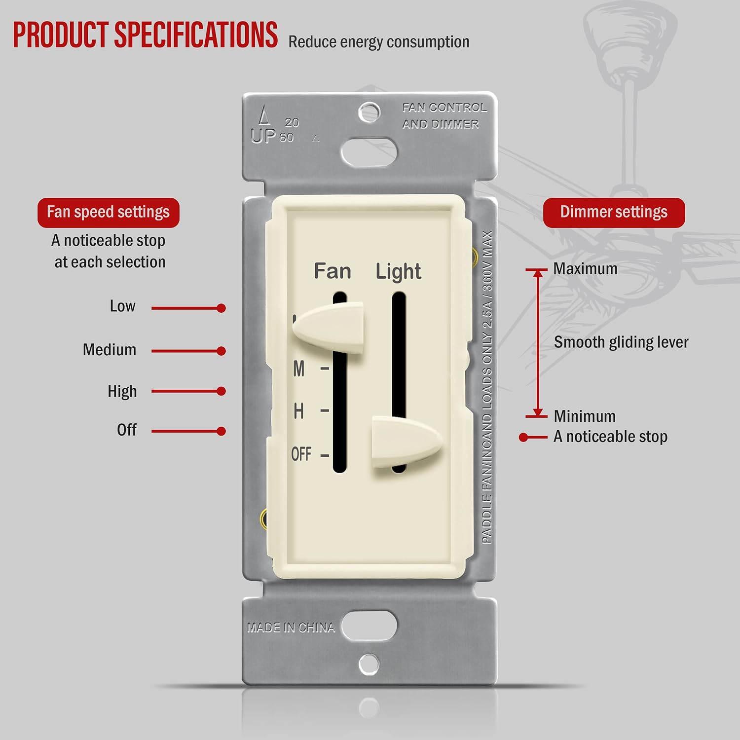 ENERLITES 3 Speed Ceiling Fan Control and LED Dimmer Light Switch, Light and Fan Combination Switch, Single Pole, 2.5A, 300W Incandescent, No Neutral Wire Required, 17001-F3-LA-F, Light Almond