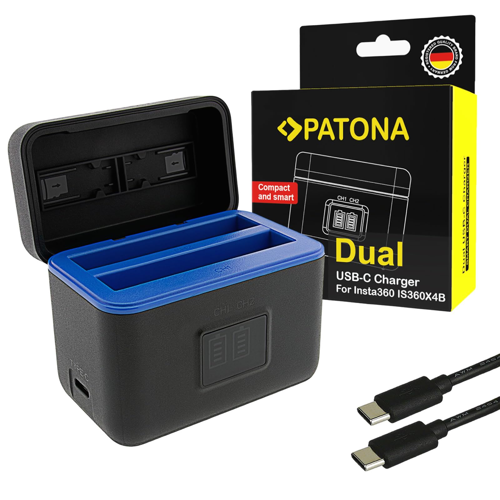 PATONA Caricabatterie doppio per Insta360 X4 batteria CINSBBMA – USB-C Scatola portaoggetti per 2 batterie e microSD, ingresso 5V 3A, cavo USB-C compatibile con action cam, compatto e leggero