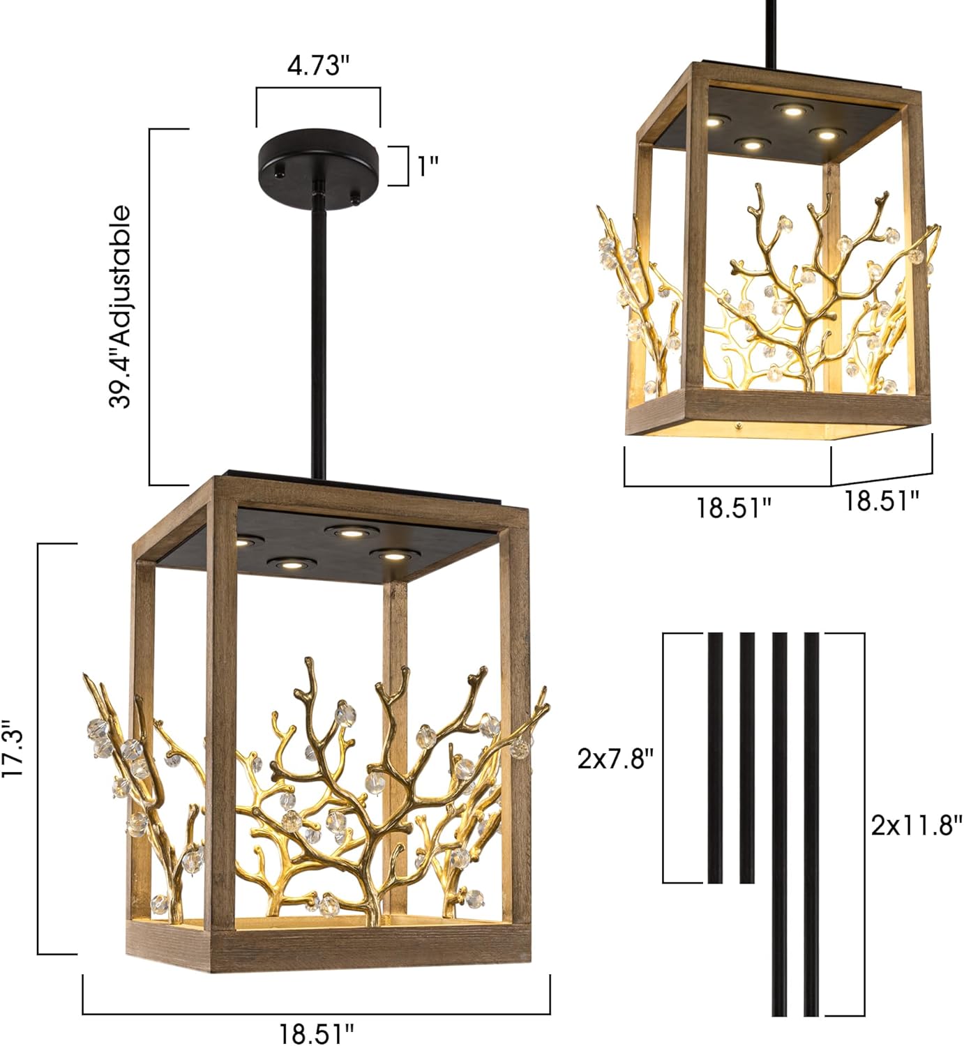 Parrot Uncle Modern Chandeliers Vintage Wood Lamp Pendant Light, Wood Frame Box Light Fixture for Bedroom Dining Room Kitchen Island, Gold Accent, 18.5 x 18.5 x 17.3 Inch