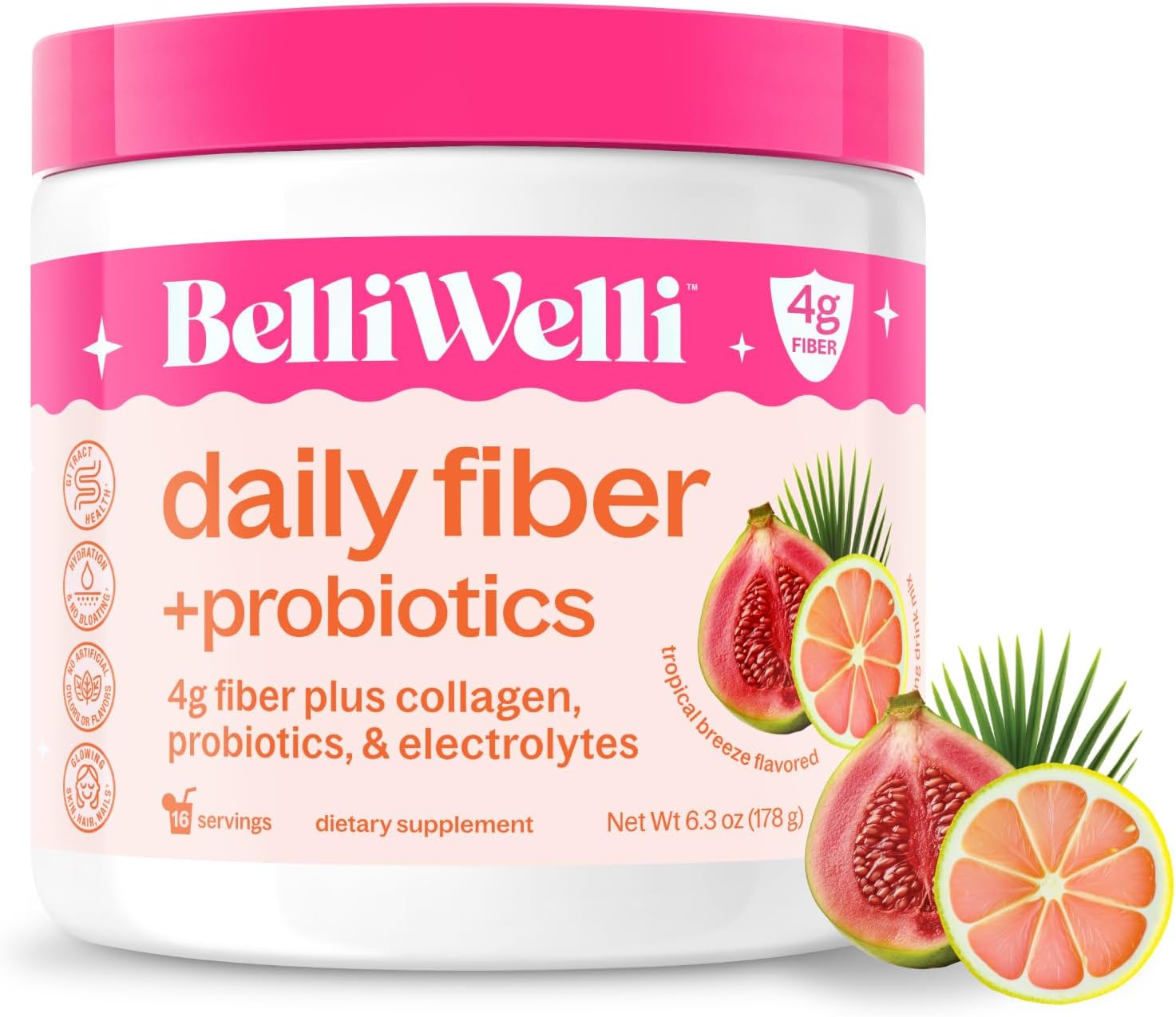 Belli Welli Fiber Supplement for Women & Men – Premium Daily Fiber Powder from Organic Acacia with Added Collagen, Electrolytes & Probiotics – No Bloat, Constipation & Gut Health Support (Tropical)