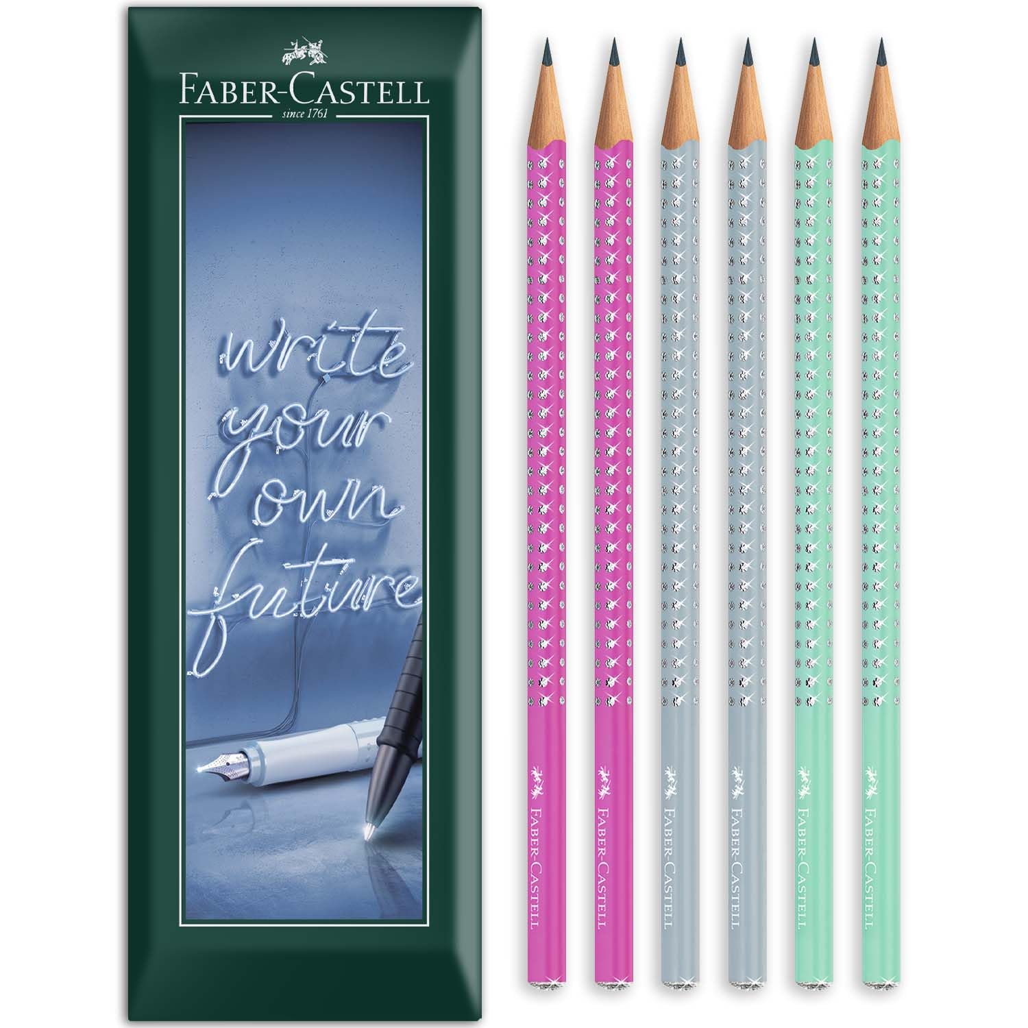 Faber-Castell Sparkle Triangular Graphite Pencil - Aurora Edition Coloured Barrels - B Grade Lead - Envelope Gift Pack of 6 Pencils