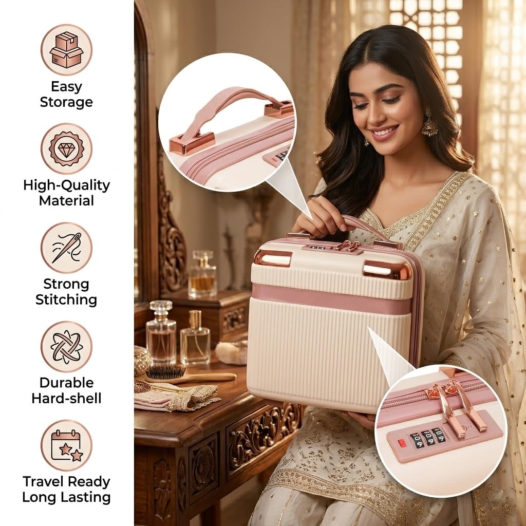 Adson Travel Make up Train Case, Waterproof Portable Hard Shell Cosmetic Case Luggage Mini Suitcase Makeup Brushes Bag Toiletry Organizer Portable Makeup Carrying Case (Cream with Gold Touch) 2