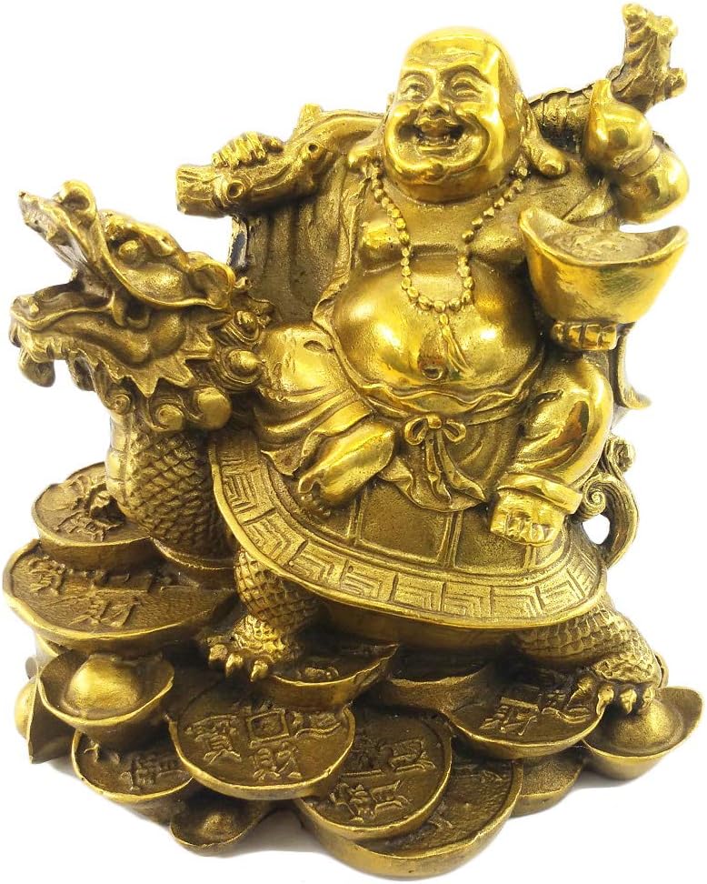 Lucky Laughing Buddha Statue Sitting on Dragon Turtle,Brass Buddhist Statues Sculptures Feng Shui Decor,God of Wealth Statue 5" inches Length