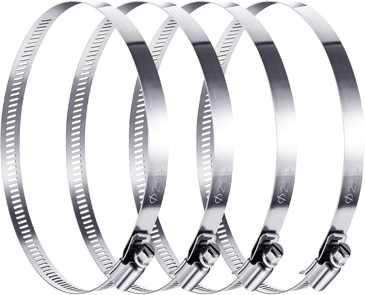 Boao 4 Pieces 10 Inch 304 Stainless Steel Worm Gear Duct Clamps | Adjustable Hose Clamps for Pipe, Intercooler, Fuel Line, Large Diameter Design, Corrosion Resistant for Automotive Use