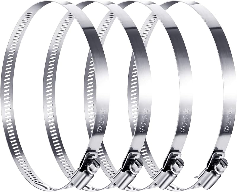 Boao 4 Pieces 10 Inch 304 Stainless Steel Worm Gear Duct Clamps | Adjustable Hose Clamps for Pipe, Intercooler, Fuel Line, Large Diameter Design, Corrosion Resistant for Automotive Use