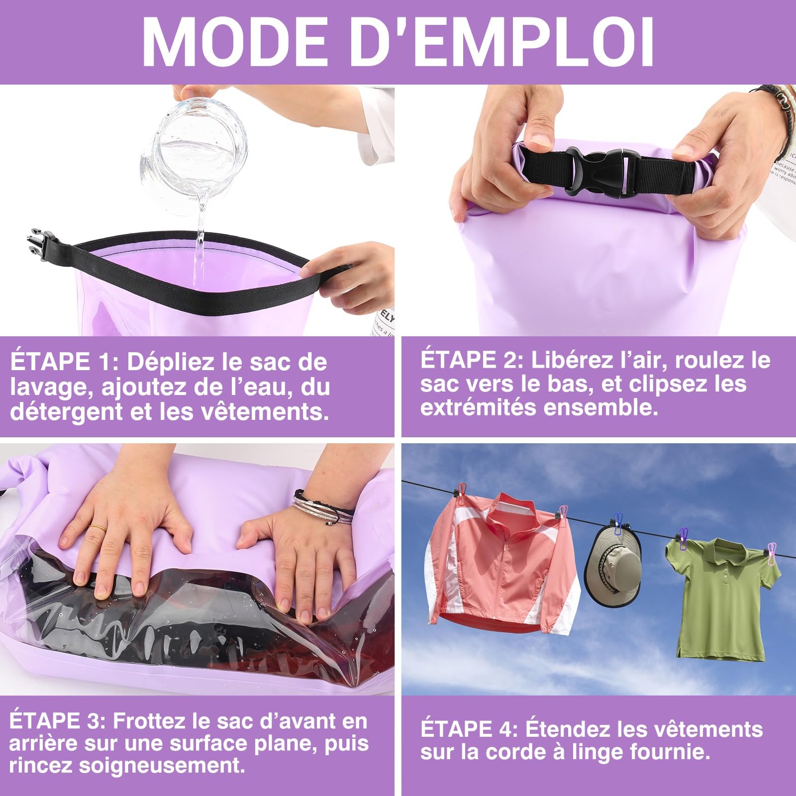 Sac Lave-Linge Manuel et Corde à Linge Rétractable - Sac de Voyage et Lavage Portable - Machine à Laver de Camping Durable