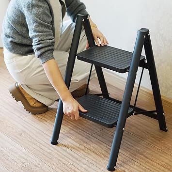 Gr8 Home Black Portable 2 Step Ladder Foldable Stool Non Slip Tread Heavy Duty Metal Steel Compact Lightweight Folding Home DIY Kitchen Aid
