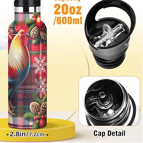 Miniatura 2 de Botella de agua para niños con popote para la escuela, botella de agua de 20 onzas con aislamiento para niños y niñas, sin BPA, gallo de Navidad