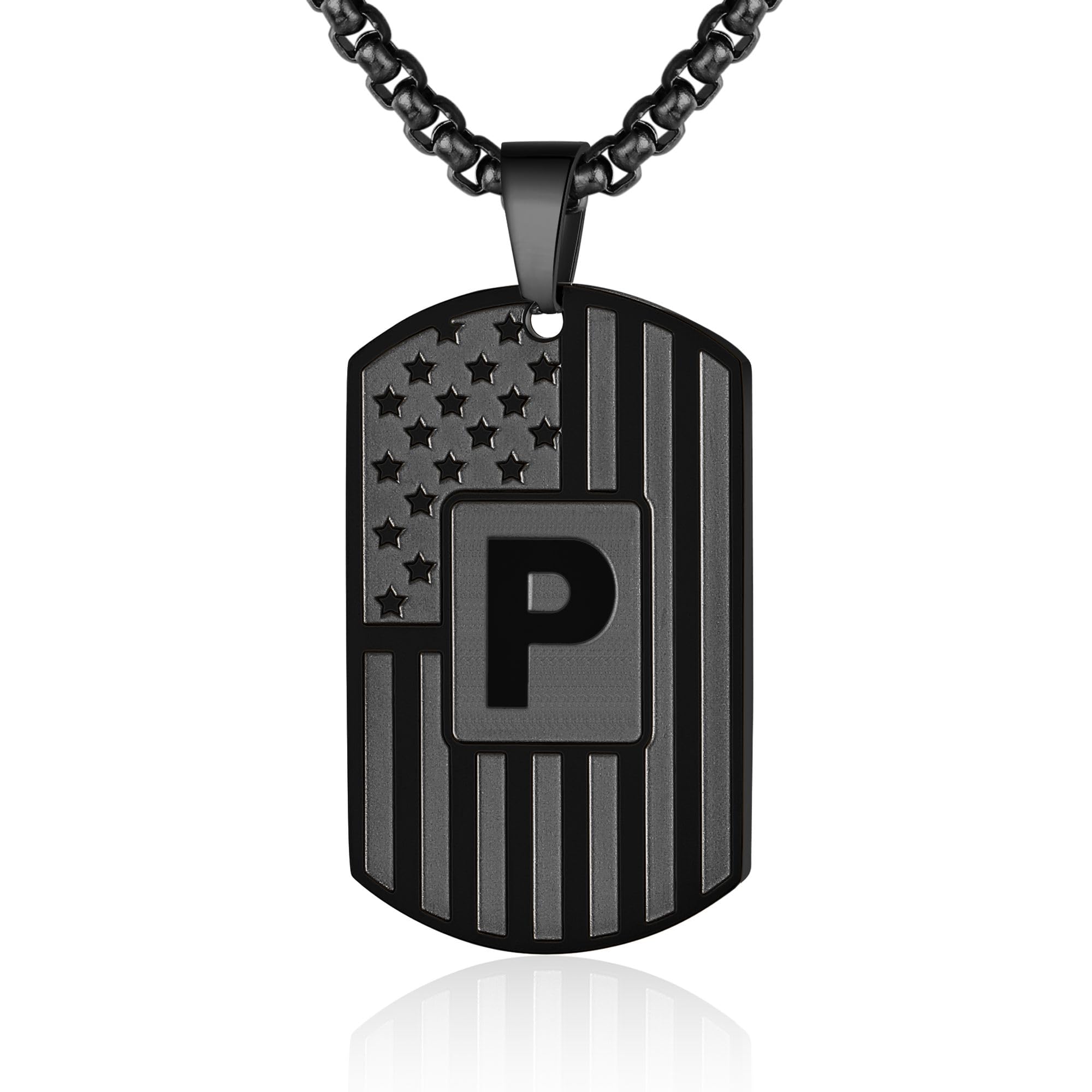 WINFY Initial A-Z Necklace for Men American Flag Dog Tag A-Z Pendant 316L Stainless Steel Chain 22+2 Inches Personalized Jewelry Fathers Day Gift