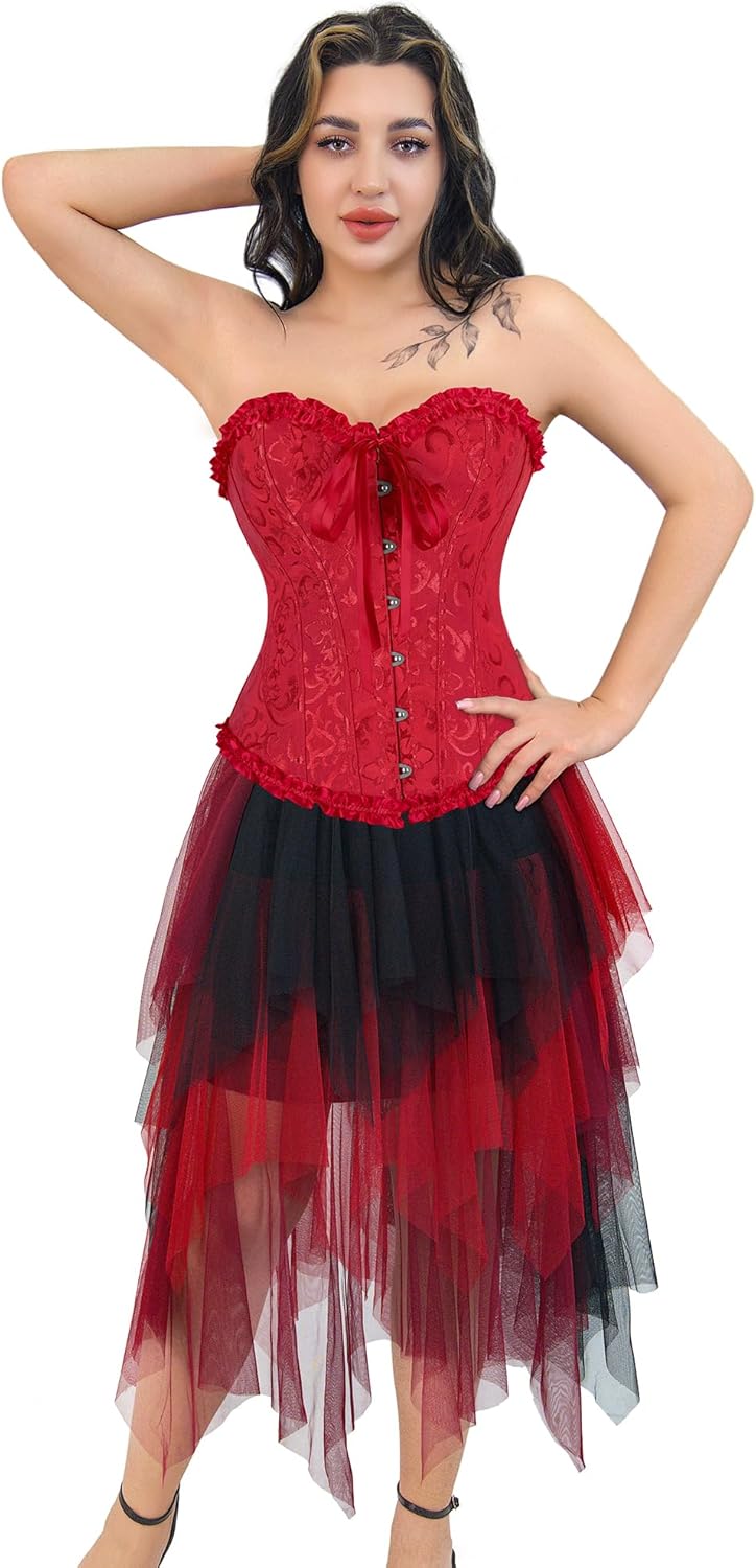 frawirshau Women's Lace Up Boned Overbust Corset Bustier Lingerie Bodyshaper Top - Image 11