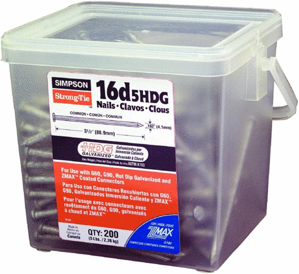 16D5HDG-R Clavo conector SCN de accionamiento fuerte: 3-1/2 pulg. x 0,162 pulg., vástago liso, cabeza redonda completa, construcción de acero galvanizado en caliente (200 unidades)