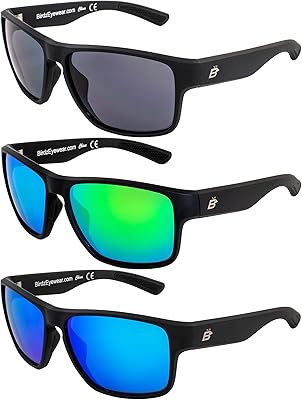Birdz Glide Sunglasses for Men or Women Scratch Resistant Lens Lightweight Black Square Frame Smoke Green and Blue Mirror Lens