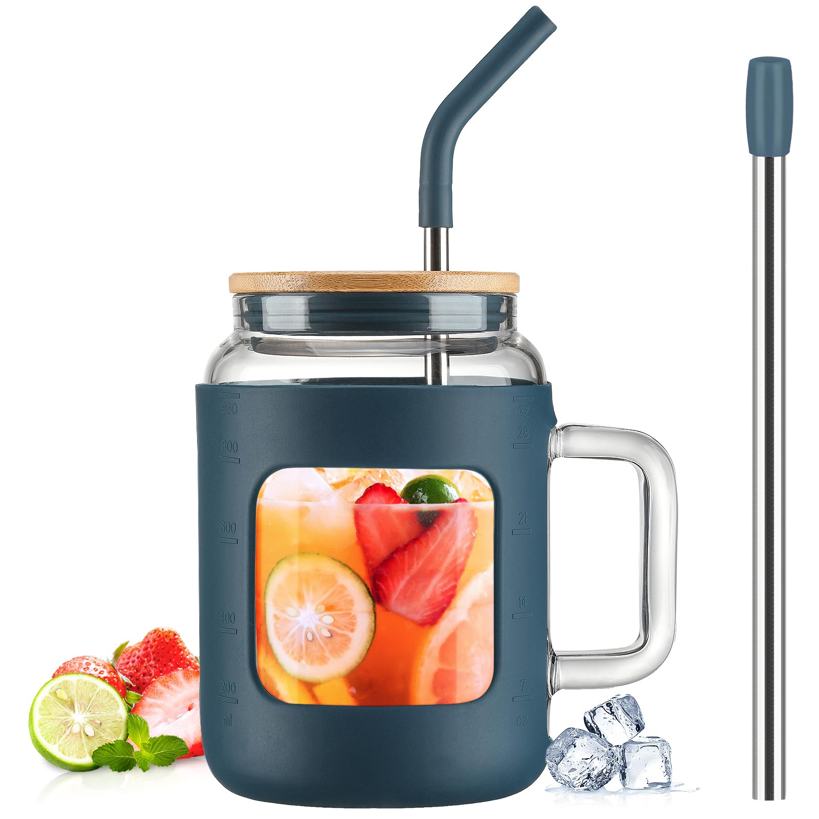 WINSA Glass Tumbler with Bamboo Lid and Straw, 32 oz Glass Water Bottles with Time Marker, Iced Coffee Cup with Handle, Glass Cups with Silicone Protective Sleeve BPA Free-Blue