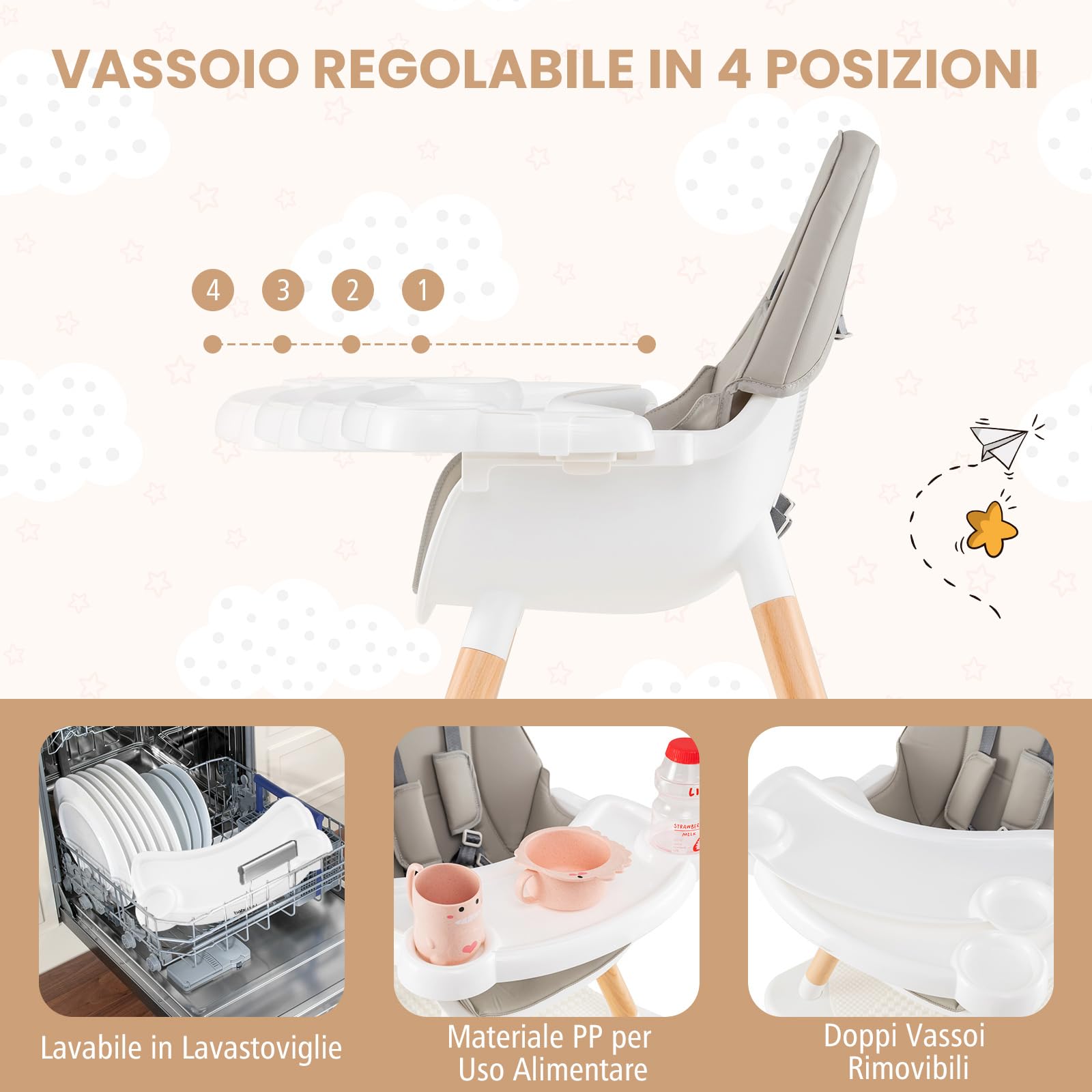 RELAX4LIFE 4 in 1 Seggiolone Pappa, Seggiolone Evolutivo con Vassoio Rimovibile e Cintura di Sicurezza, Altezza Regolabile in 4 Posizioni, per Bambini e Neonati 6-36 Mesi (Standard, Grigio)