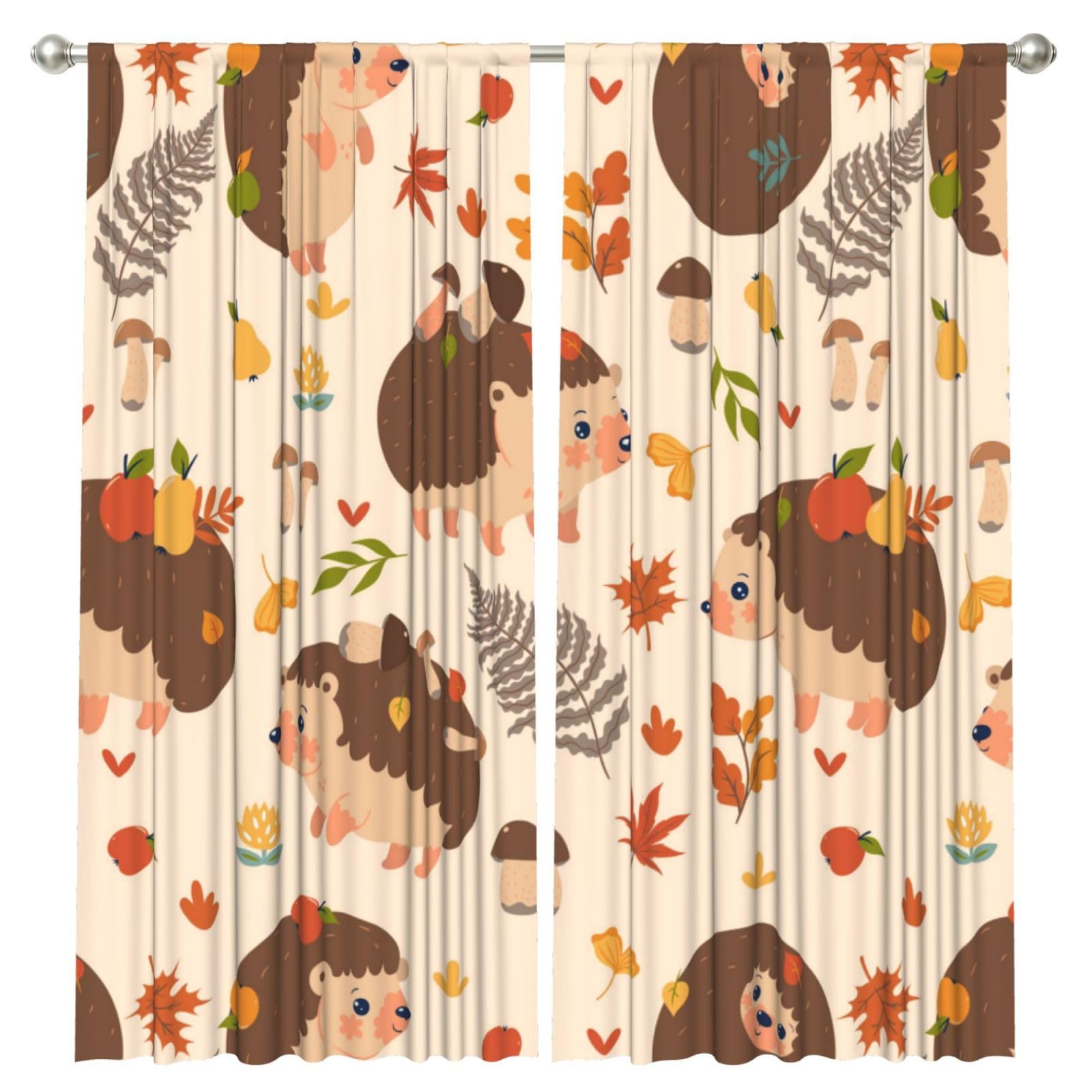 InOmak Cute Hedgehog And Mushroom, 2 Panels Window Curtains 52 x 84 Inch Blackout Curtains for Living Room Bedroom