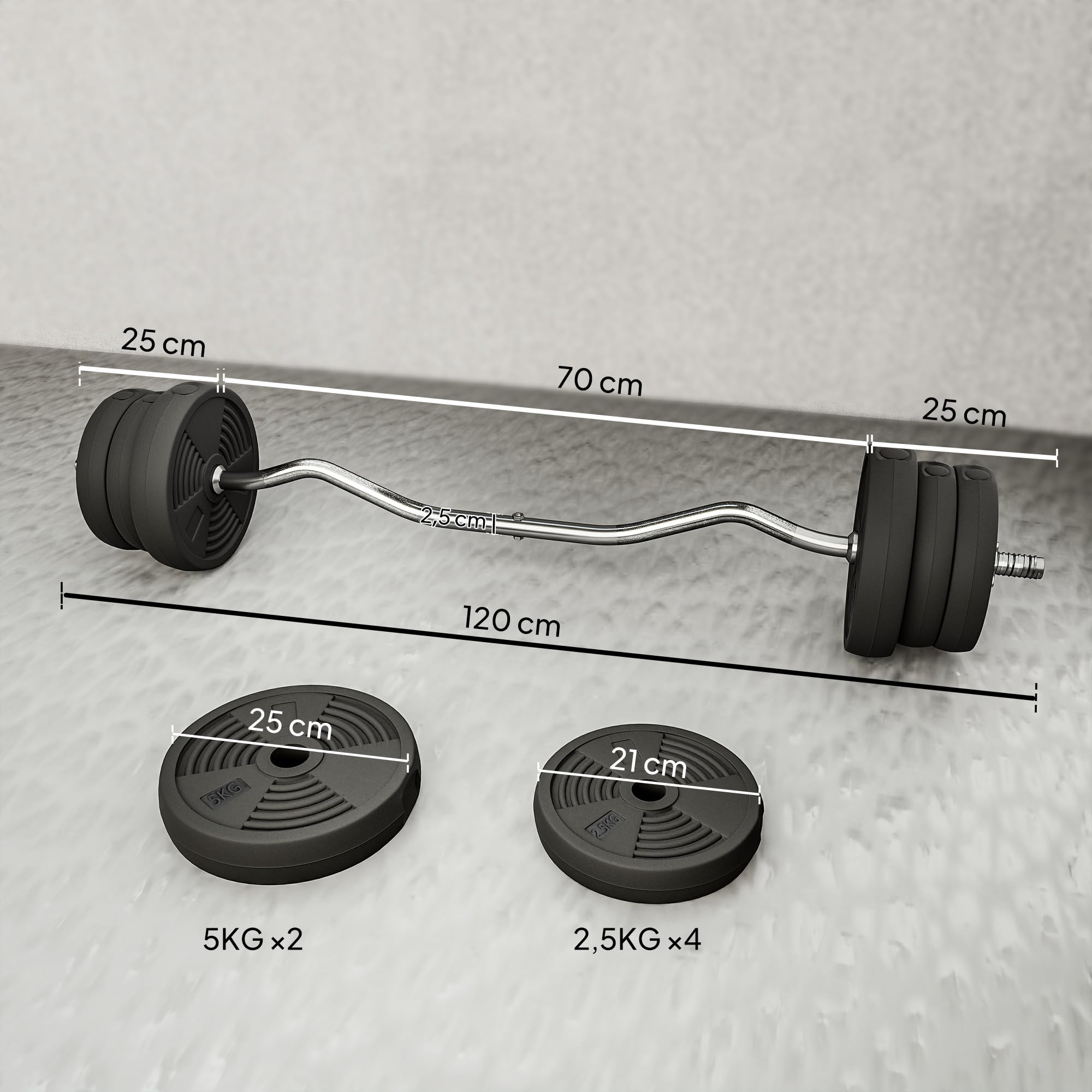 SPORTNOW Ensemble d'haltères 25 kg total, barre d'haltère avec disques de poids 5 kg et 2,5 kg, barre longue, avec poignée antidérapante, exercices de fitness entraînement à la maison et gym, noir