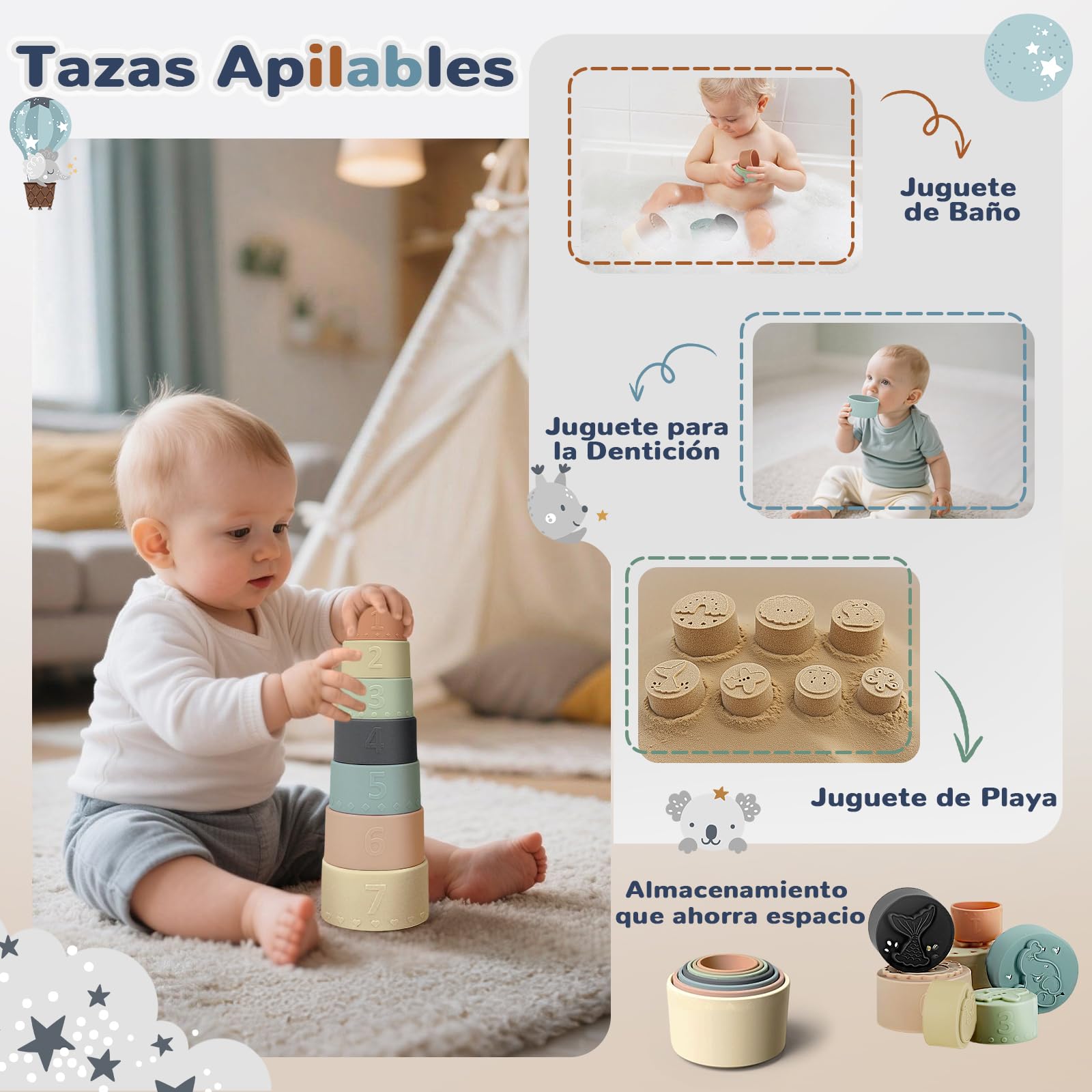 Juguetes Bebes 6-12 Meses,5 en 1 Juguetes Montessori,Juguetes Sensoriales con Cuerda para Tirar, Clasificación y Apilamiento de Formas,Xilófono,Taza de Apilable,Regalos Bebés Montessori 6 a 12 Meses