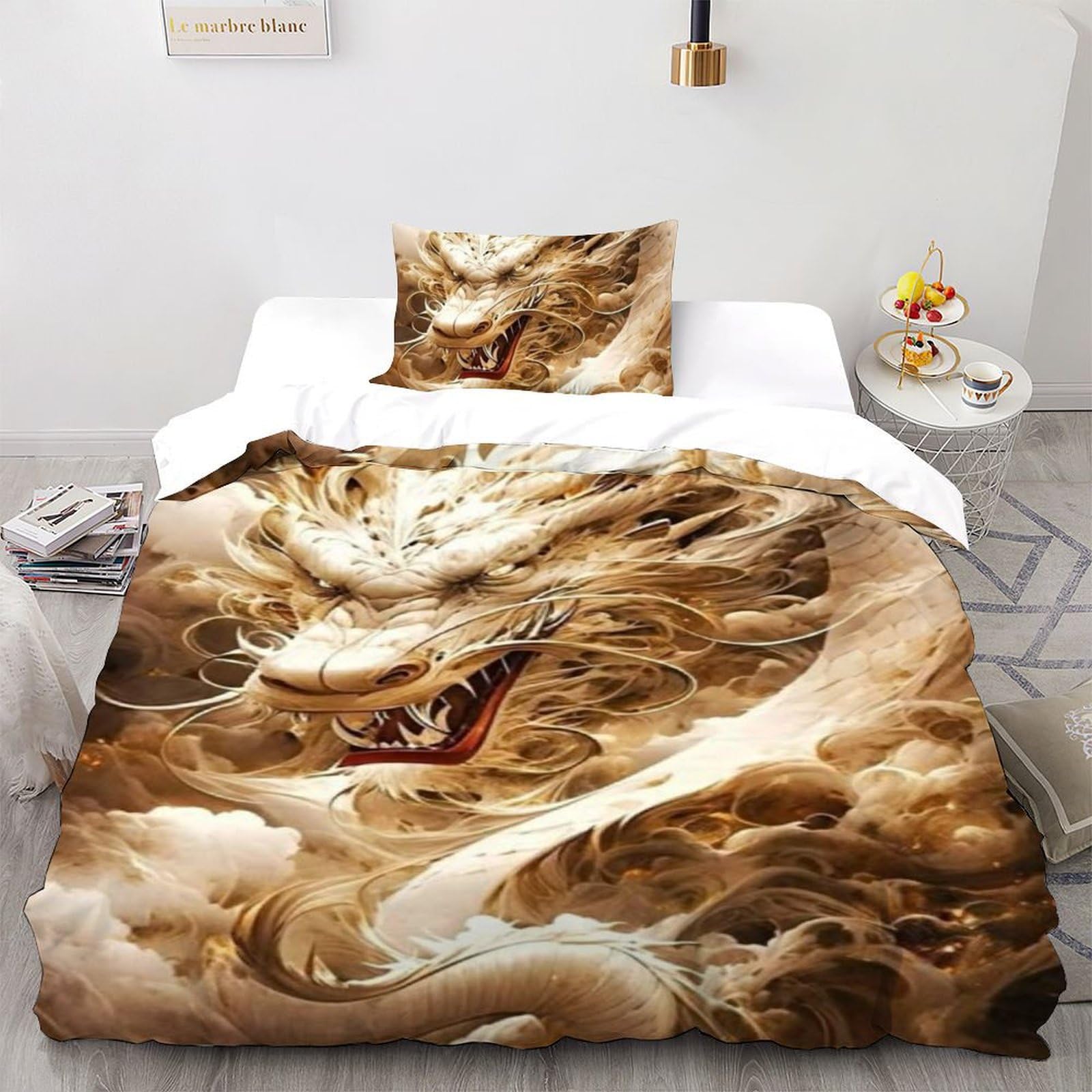 Housse de couette 135x200cm microfibre Flying Animauxs Le Dragon d'or avec 1 taie d'oreiller garçon