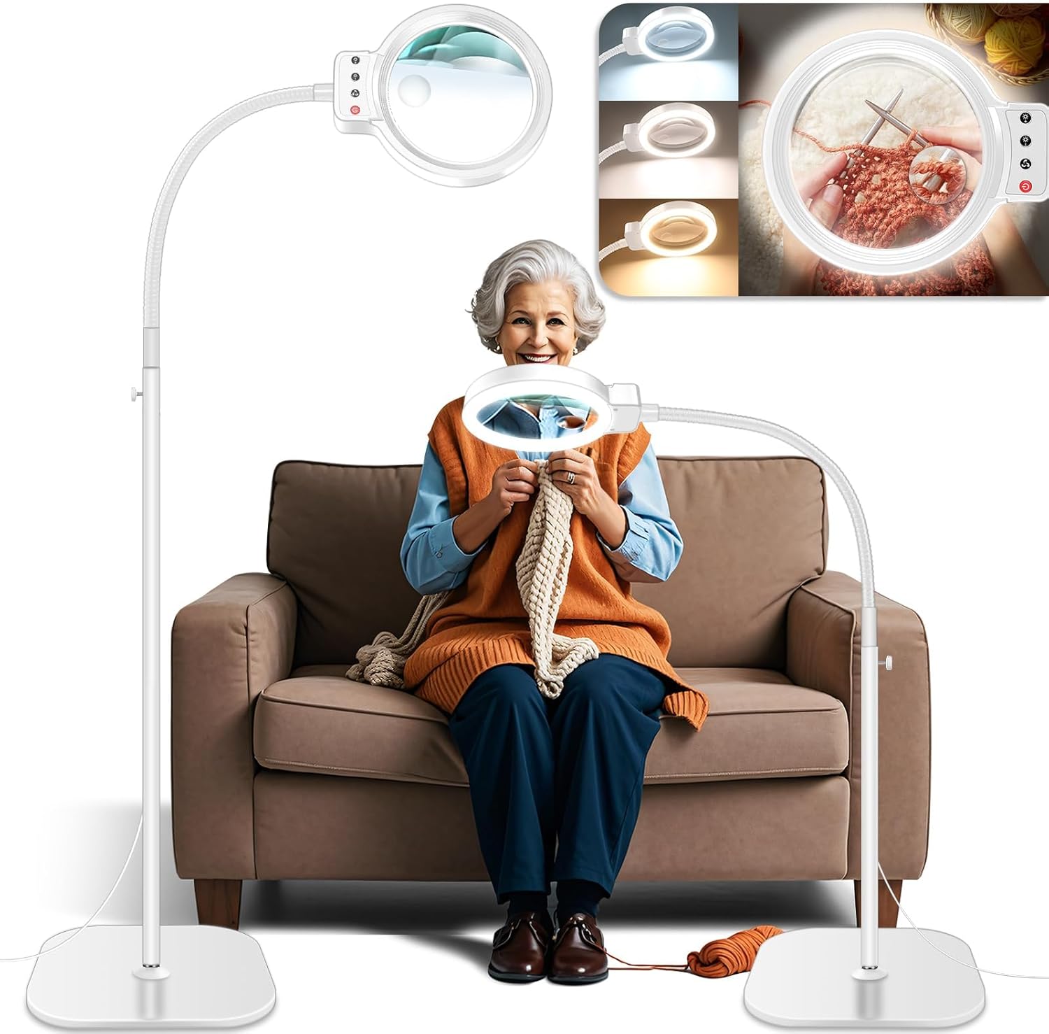 30X 10X Large Floor Magnifying Glass with Light and Stand,72 LED Flexible Gooseneck Floor Magnifying Lamp,2 in 1 Lighted Magnifiers for Close Work, Sewing,Crafts,Hobbies?White?