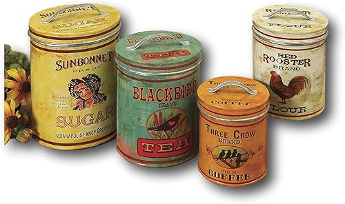 Juego de 4 botes de cocina grandes de estilo antiguo redondo de metal con tapas para té de azúcar, café y harina