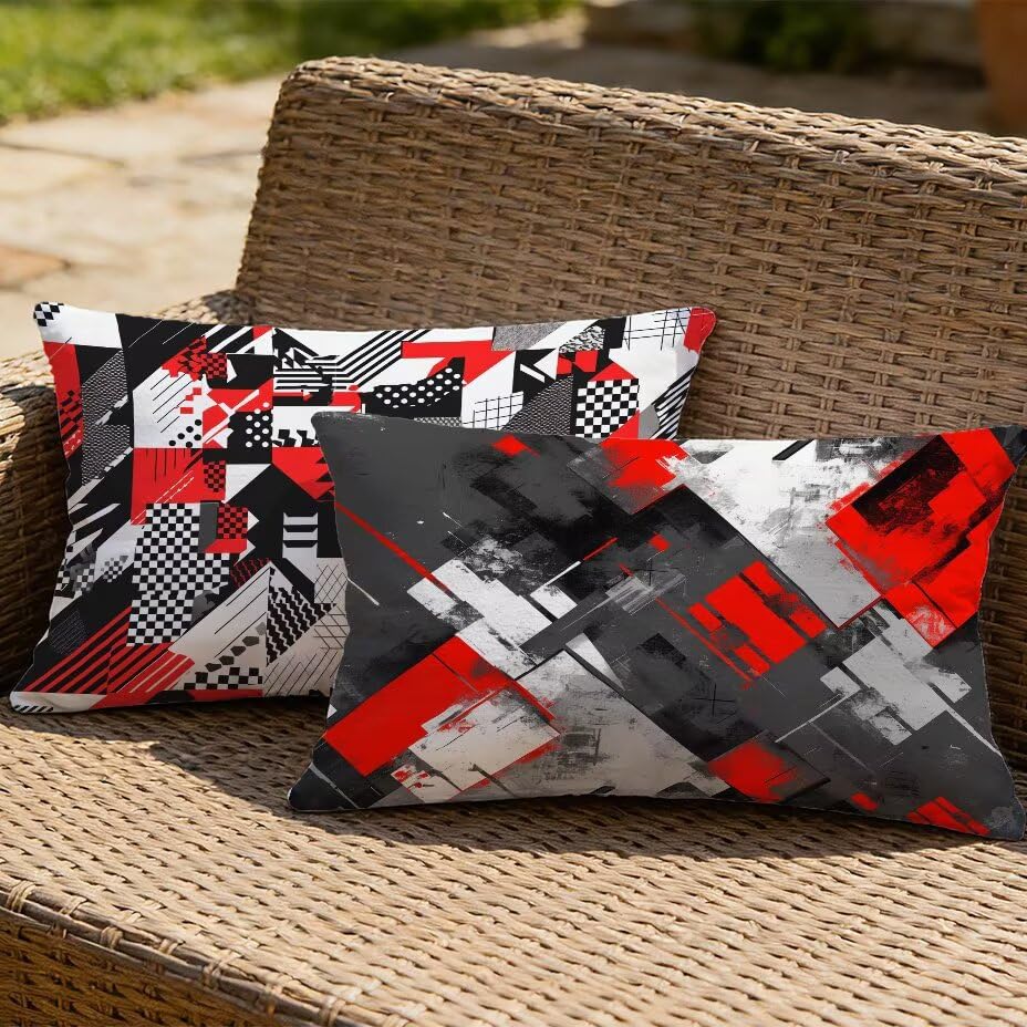 2 Housses de Coussin de Jardin 40x80 Rouge Effet Lin Imperméable