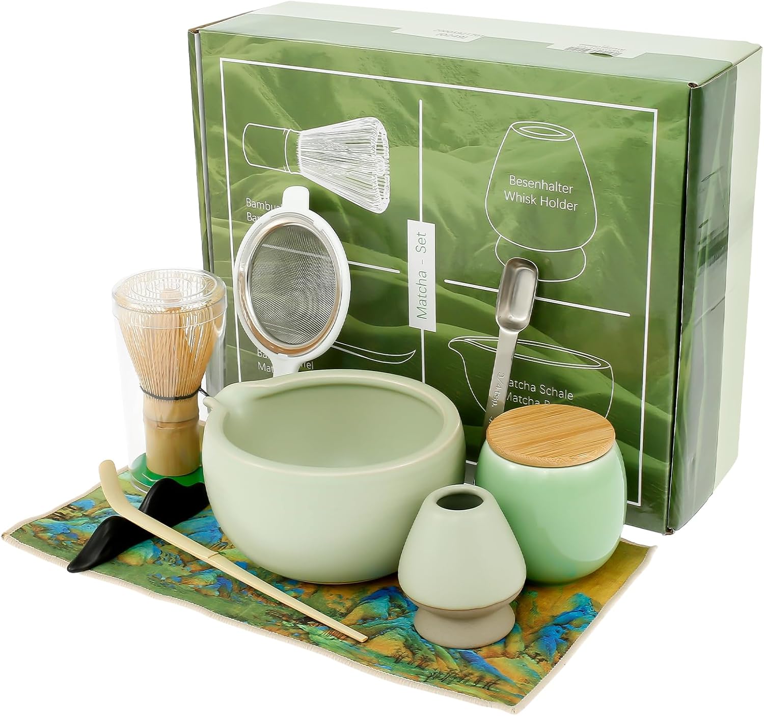 9 Pcs Matcha Tea Set, Bamboo Matcha Whisk, Elegant Matcha Set Includes Matcha Bowl with Mouth Matcha Whisk and Holder Scoop Spoon Sifter Towel Complete Matcha Whisk Set for Matcha Lover