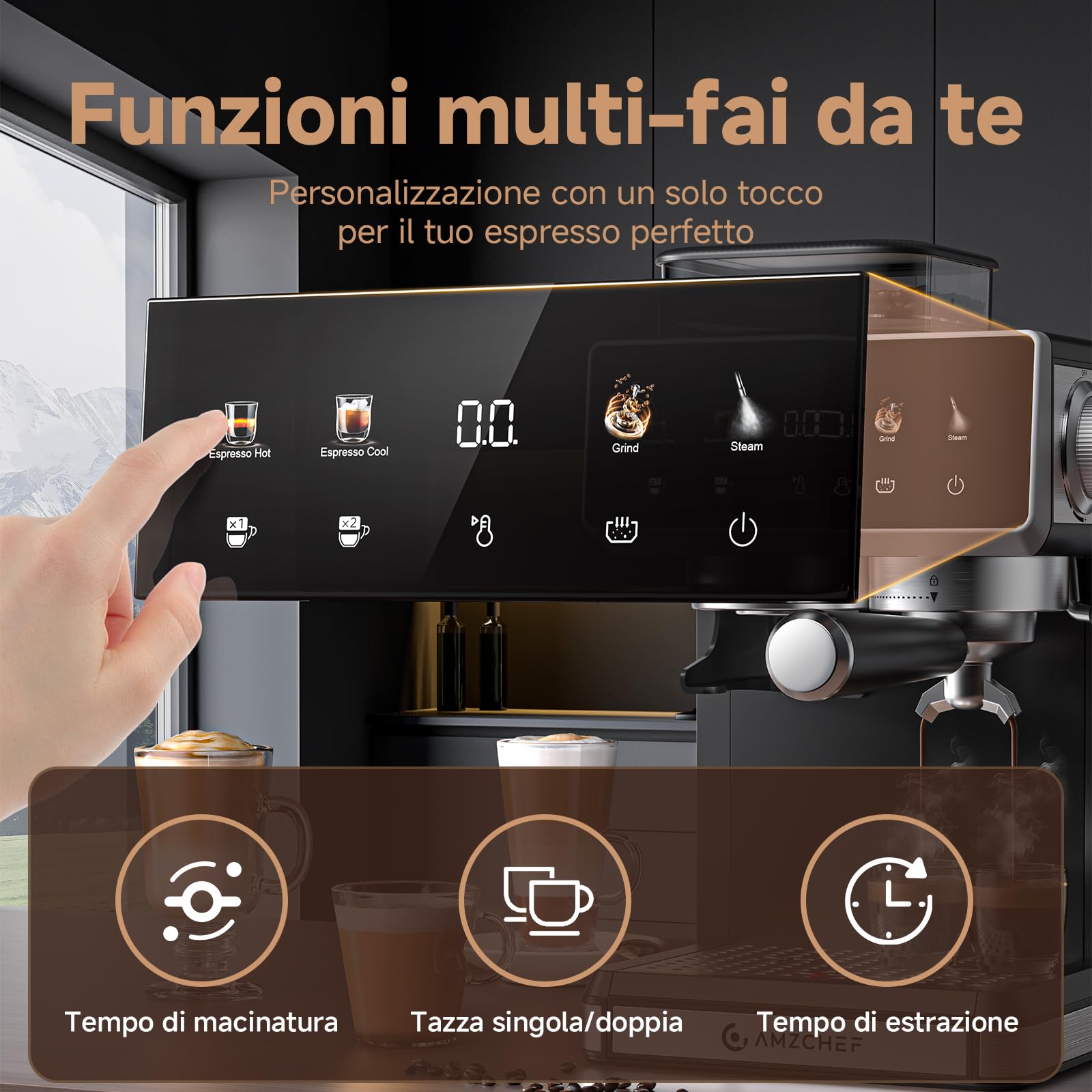 AMZCHEF macchina caffè con macinino, macchina da caffè espresso 20 bar per casa con montalatte, 3 livelli di temperatura, 20 impostazioni di macinatura, display touch