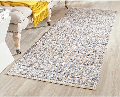 SAFAVIEH Cape Cod Collection - Alfombra de pasillo, 2 pies 3 pulgadas x 10 pies, natural y azul, hecha a mano, tejido plano costero trenzado, ideal